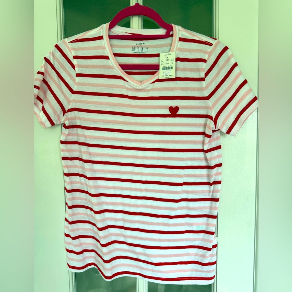 J. Crew Red, White, & Pink Striped T-Shirt with Heart Detail NWT - Women’s Small